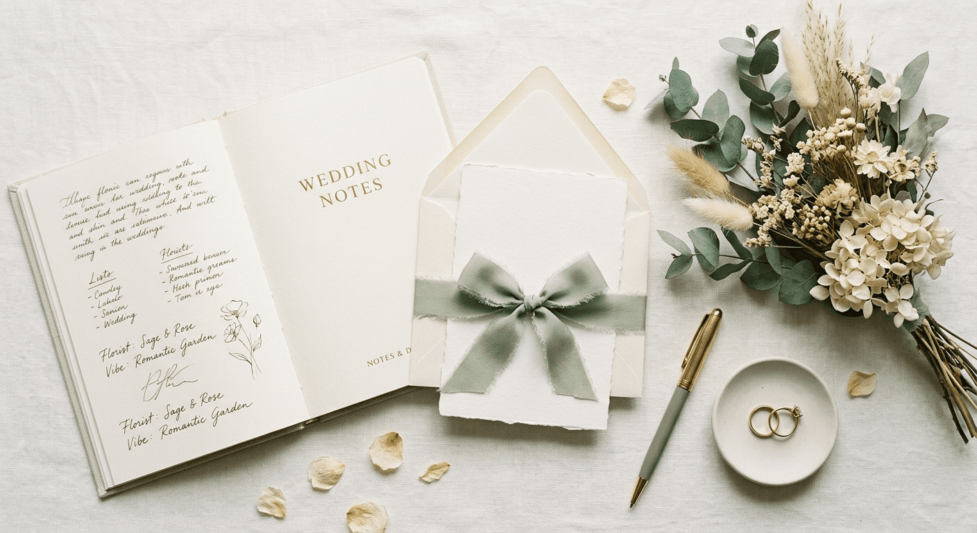 Wedding planning flat lay - notebook, dried florals, sage ribbon, and wedding rings on a cream linen surface